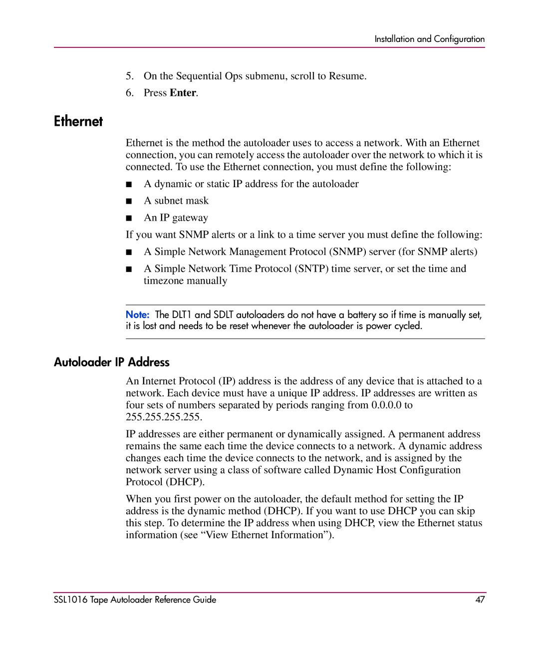 HP SSL1016 manual Ethernet, Autoloader IP Address 