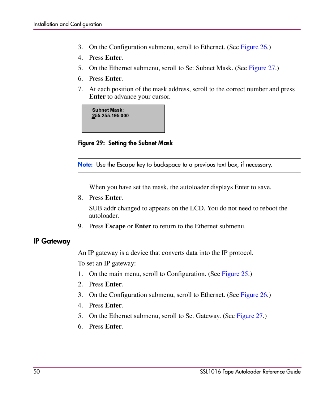 HP SSL1016 manual IP Gateway, Setting the Subnet Mask 