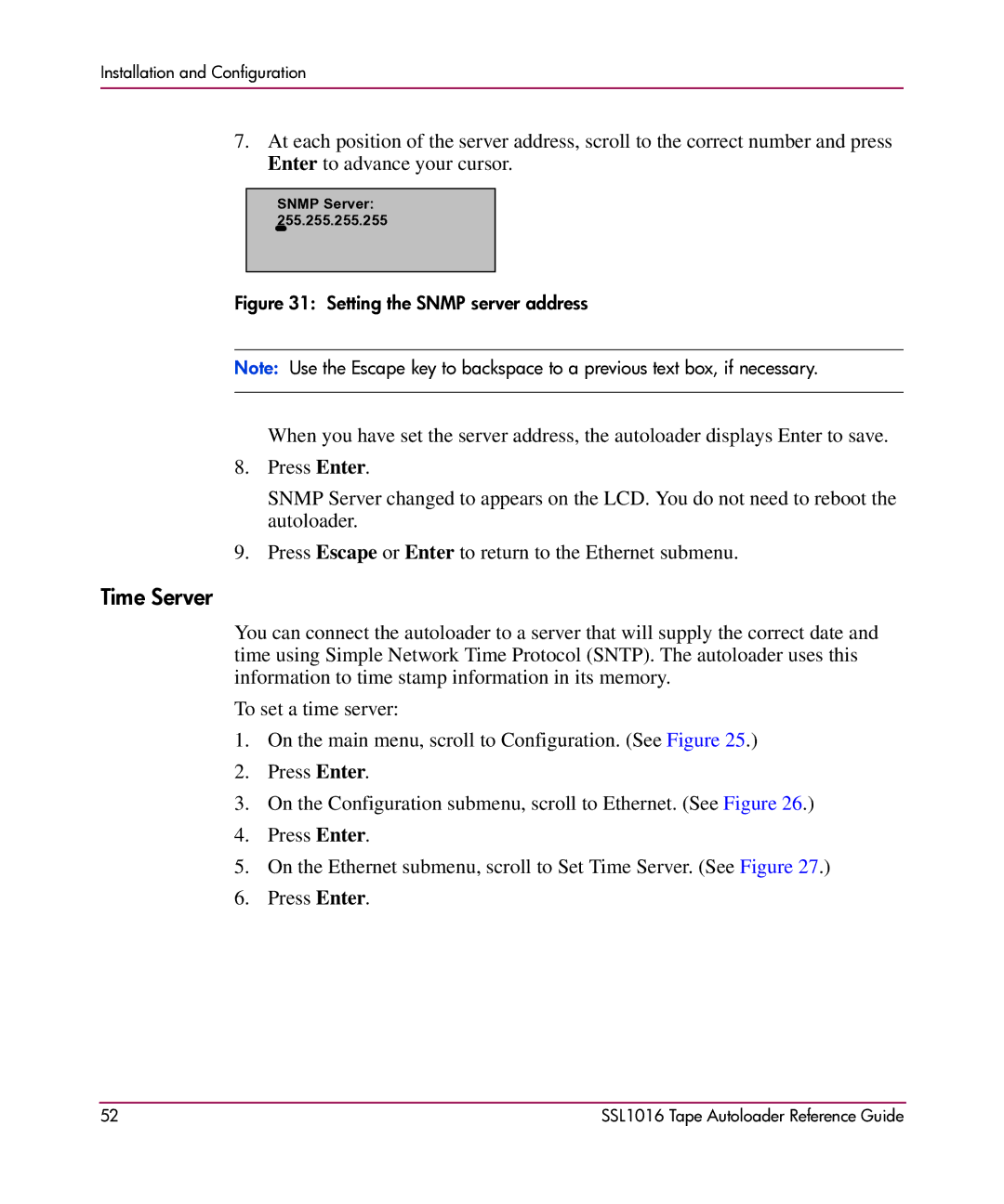 HP SSL1016 manual Time Server, Setting the Snmp server address 