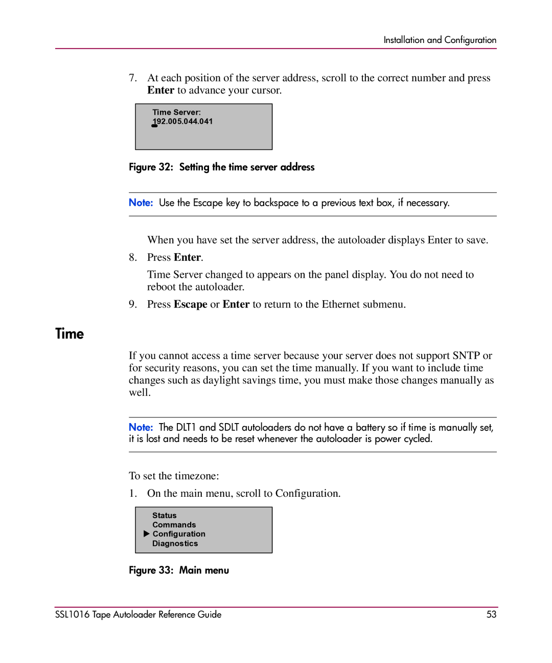 HP SSL1016 manual Time, Setting the time server address 