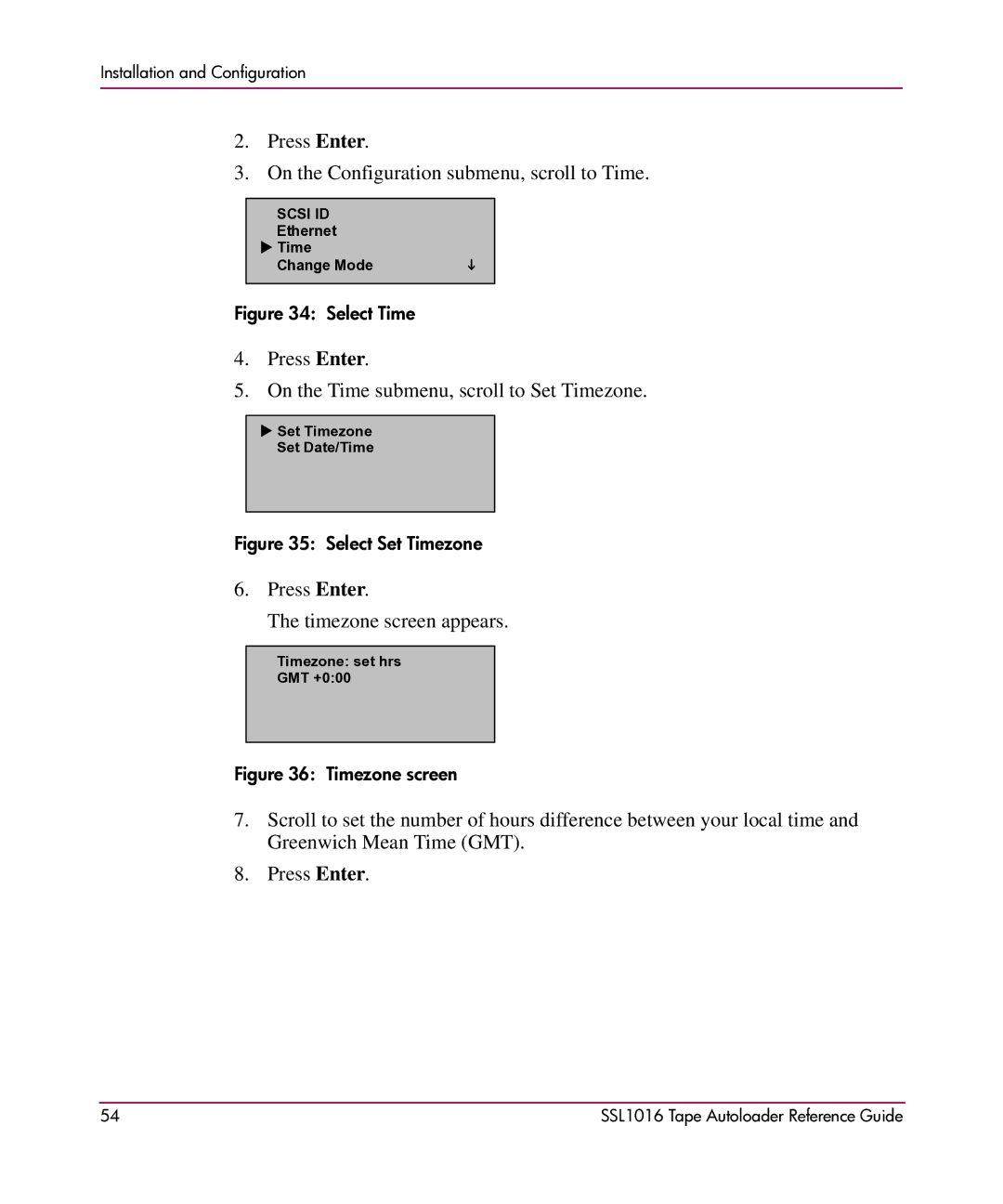 HP SSL1016 manual Press Enter On the Configuration submenu, scroll to Time 