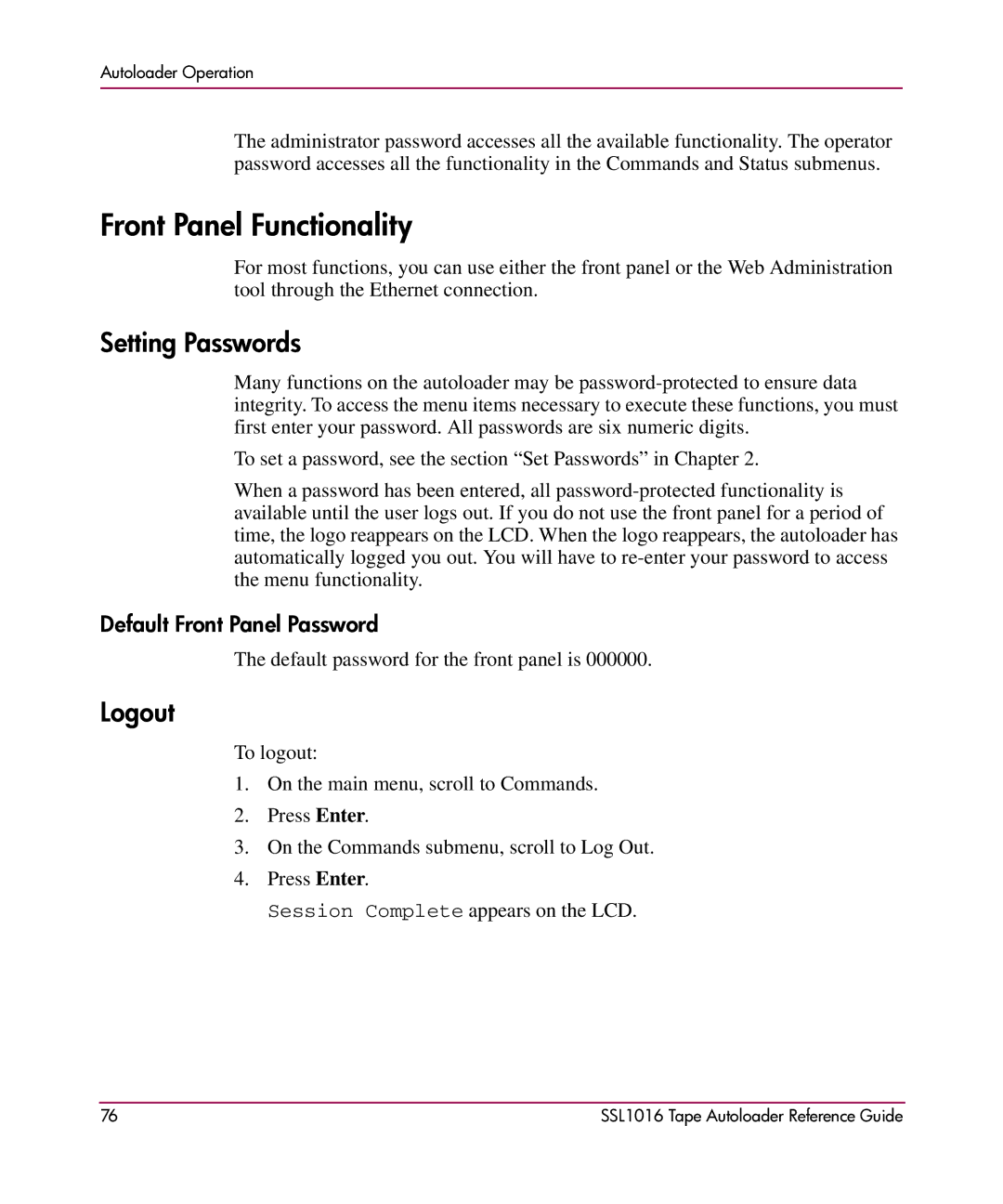 HP SSL1016 manual Front Panel Functionality, Setting Passwords, Logout, Default Front Panel Password 