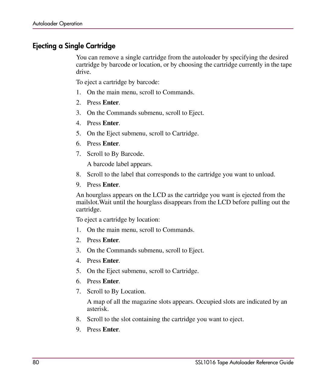 HP SSL1016 manual Ejecting a Single Cartridge 