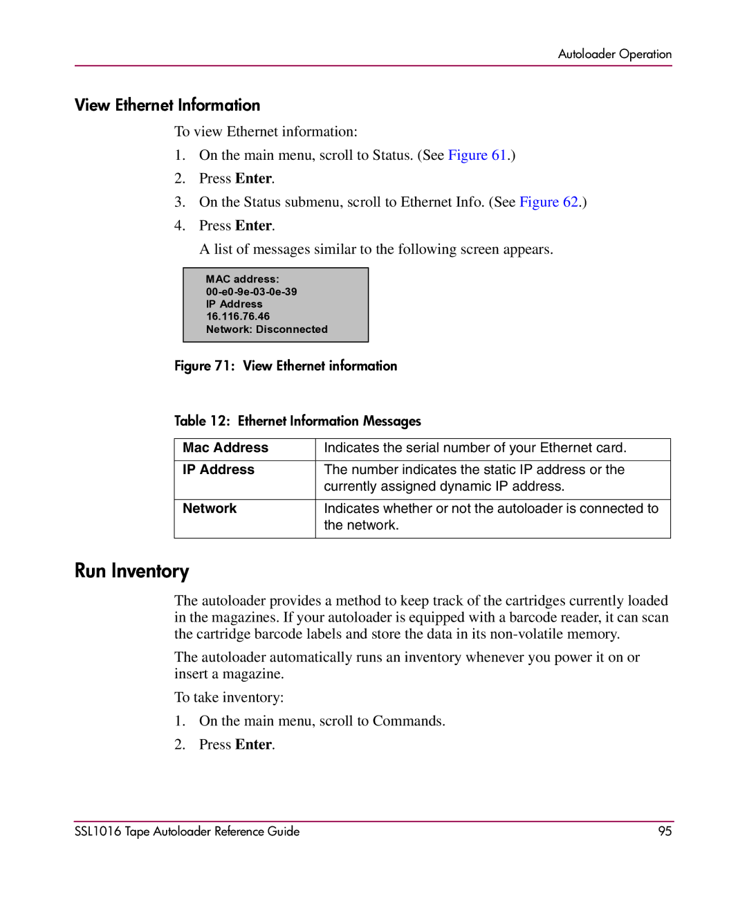 HP SSL1016 manual Run Inventory, View Ethernet Information 