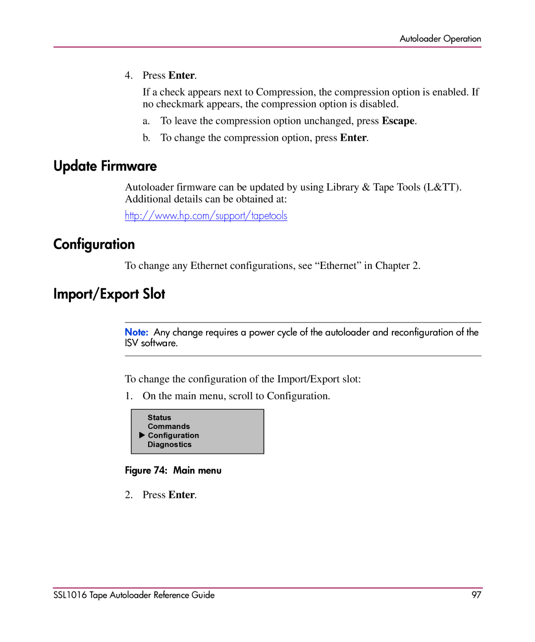 HP SSL1016 manual Update Firmware, Configuration, Import/Export Slot 