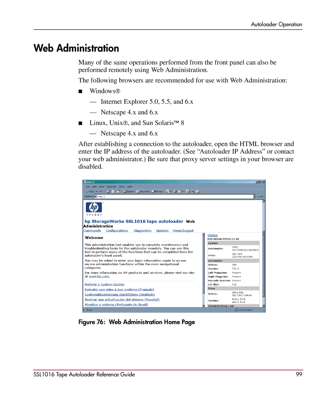 HP SSL1016 manual Web Administration Home 