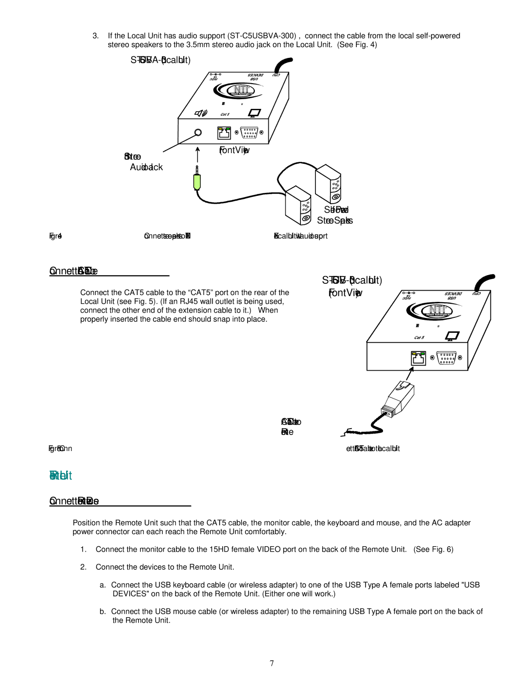 HP ST-C5USBVA-300 manual Remote Unit, Connect the CAT5 Cable, ST-C5USBV-300 Local Unit, Connect the Remote Devices 