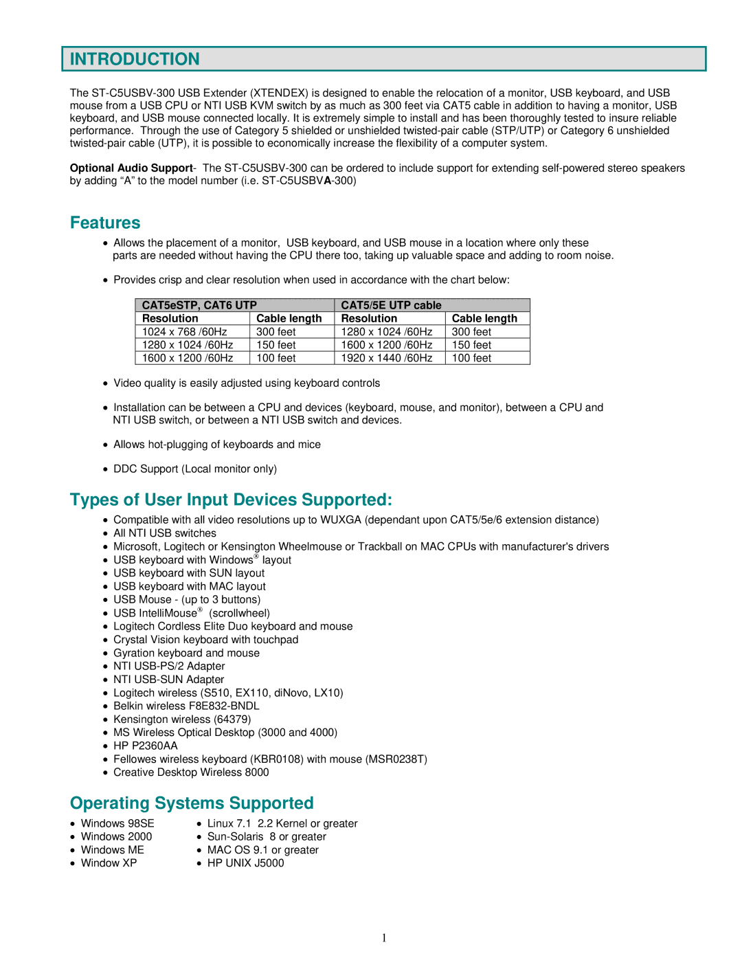 HP ST-C5USBVA-300 manual Introduction, Features, Types of User Input Devices Supported, Operating Systems Supported 