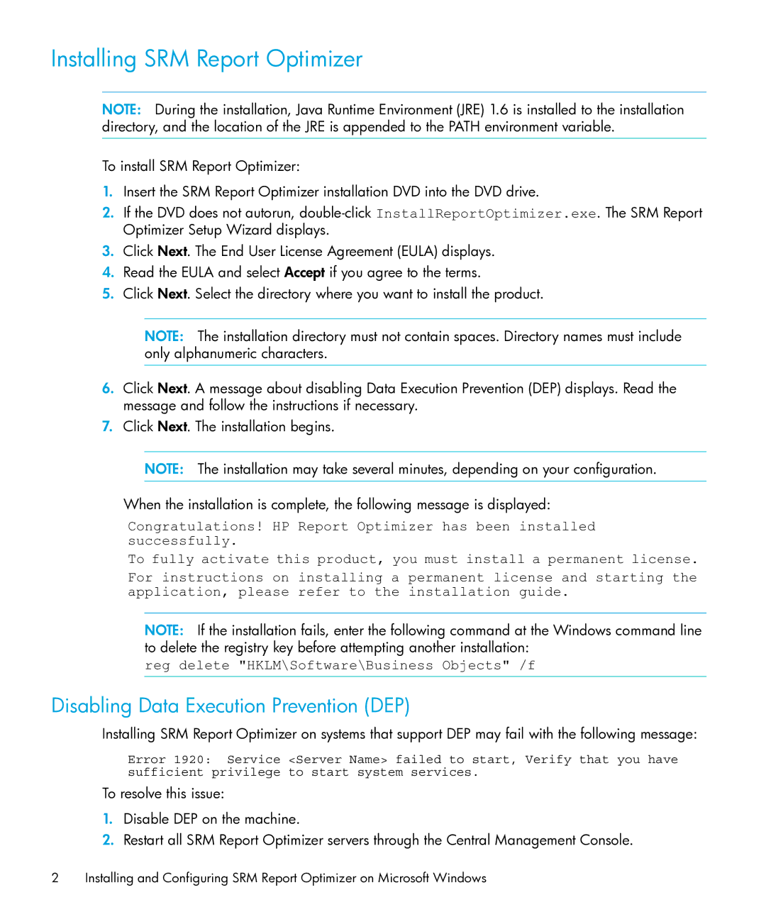 HP Storage Essentials Performance Pack Software Installing SRM Report Optimizer, Disabling Data Execution Prevention DEP 