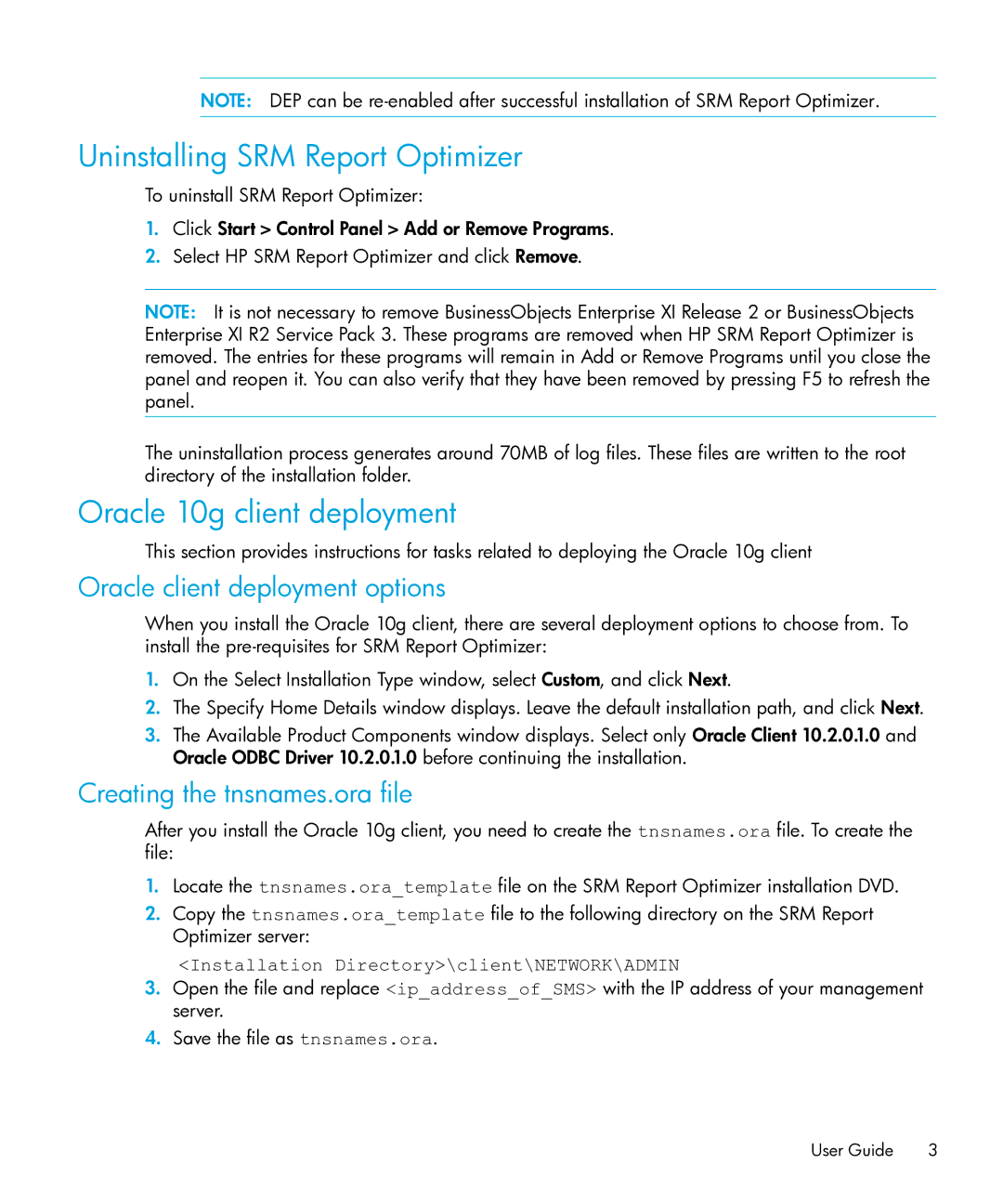 HP Storage Essentials Performance Pack Software manual Uninstalling SRM Report Optimizer, Oracle 10g client deployment 