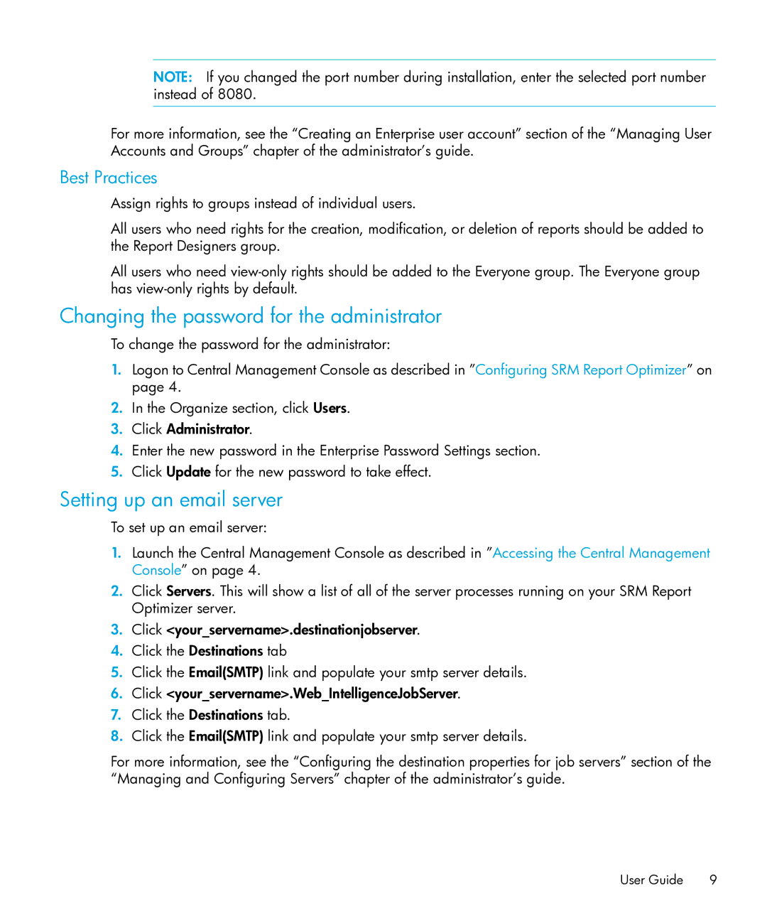 HP Storage Essentials Performance Pack Software Changing the password for the administrator, Setting up an email server 