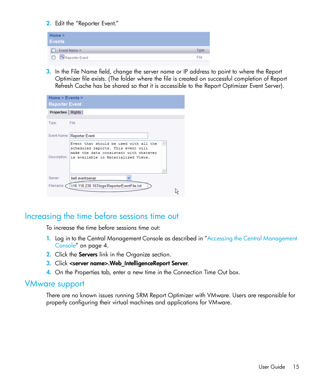 HP Storage Essentials Performance Pack Software manual Increasing the time before sessions time out, VMware support 