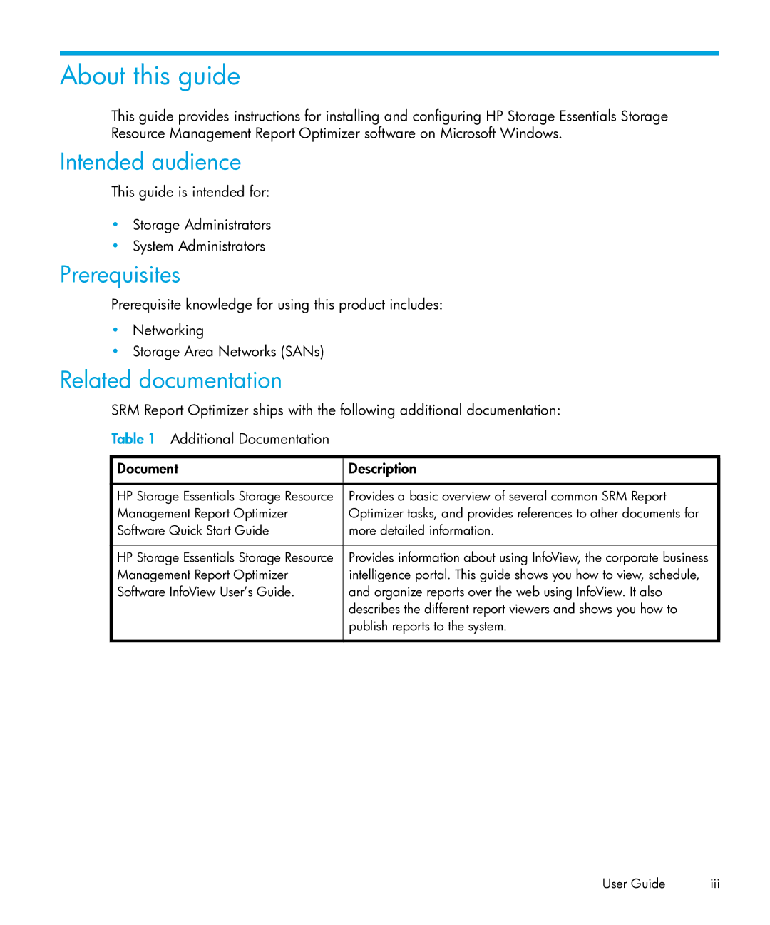 HP Storage Essentials Performance Pack Software manual Intended audience, Prerequisites, Related documentation 