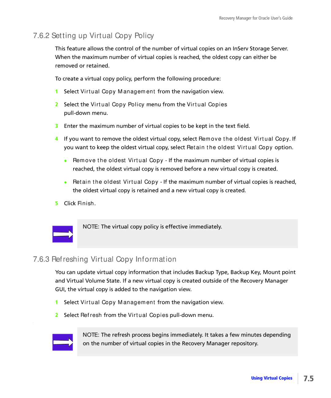 HP StoreServ Application Suite for Oracle Media manual Setting up Virtual Copy Policy, Refreshing Virtual Copy Information 