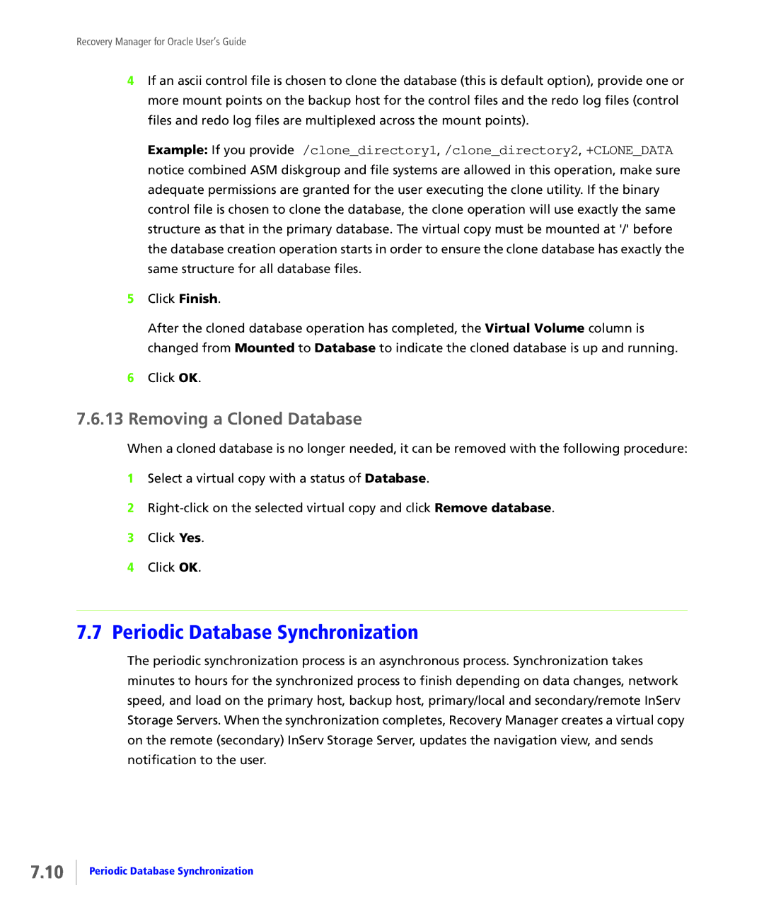 HP StoreServ Application Suite for Oracle Media manual Periodic Database Synchronization, Removing a Cloned Database 