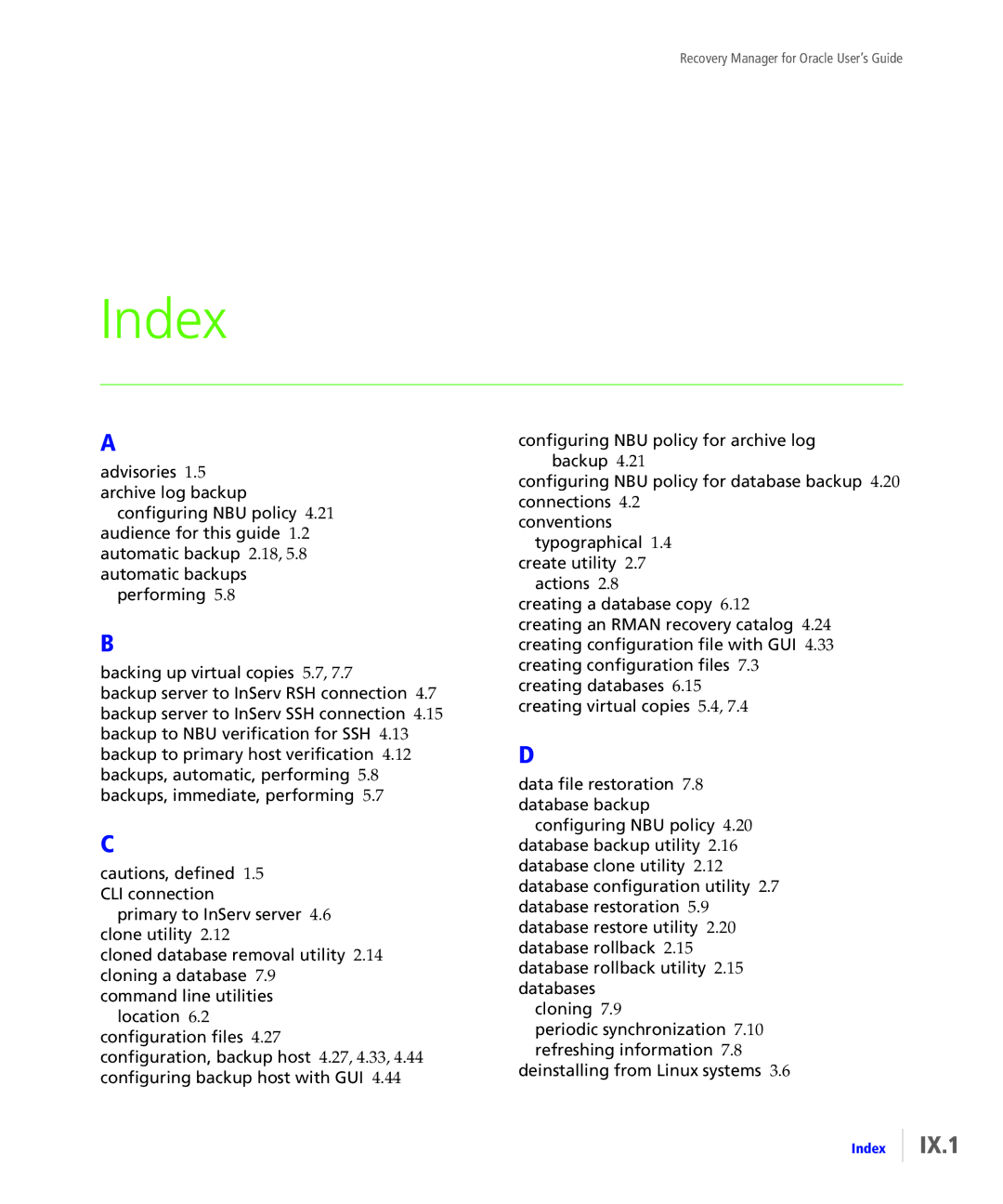 HP StoreServ Application Suite for Oracle Media manual Index 