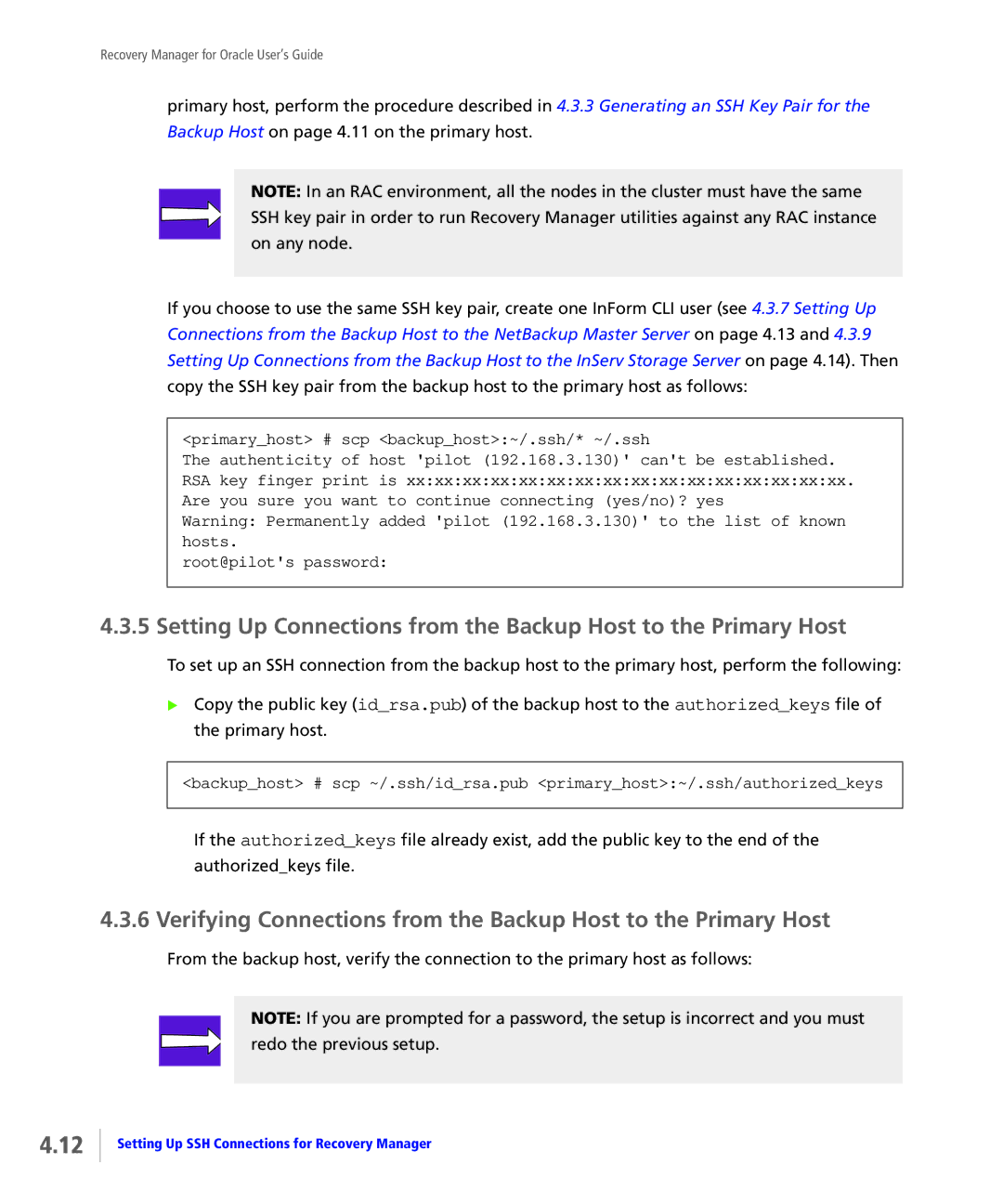 HP StoreServ Application Suite for Oracle Media manual Primaryhost # scp backuphost~/.ssh/* ~/.ssh, Root@pilots password 