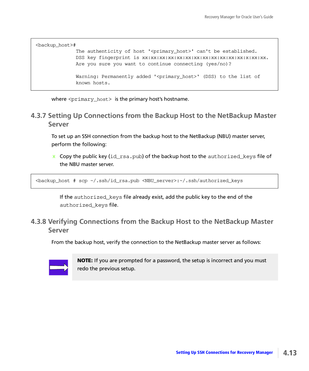 HP StoreServ Application Suite for Oracle Media manual Authorizedkeys file, Backuphost# ssh root@primaryhost 