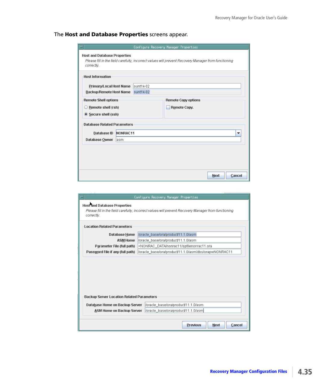 HP StoreServ Application Suite for Oracle Media manual Host and Database Properties screens appear 