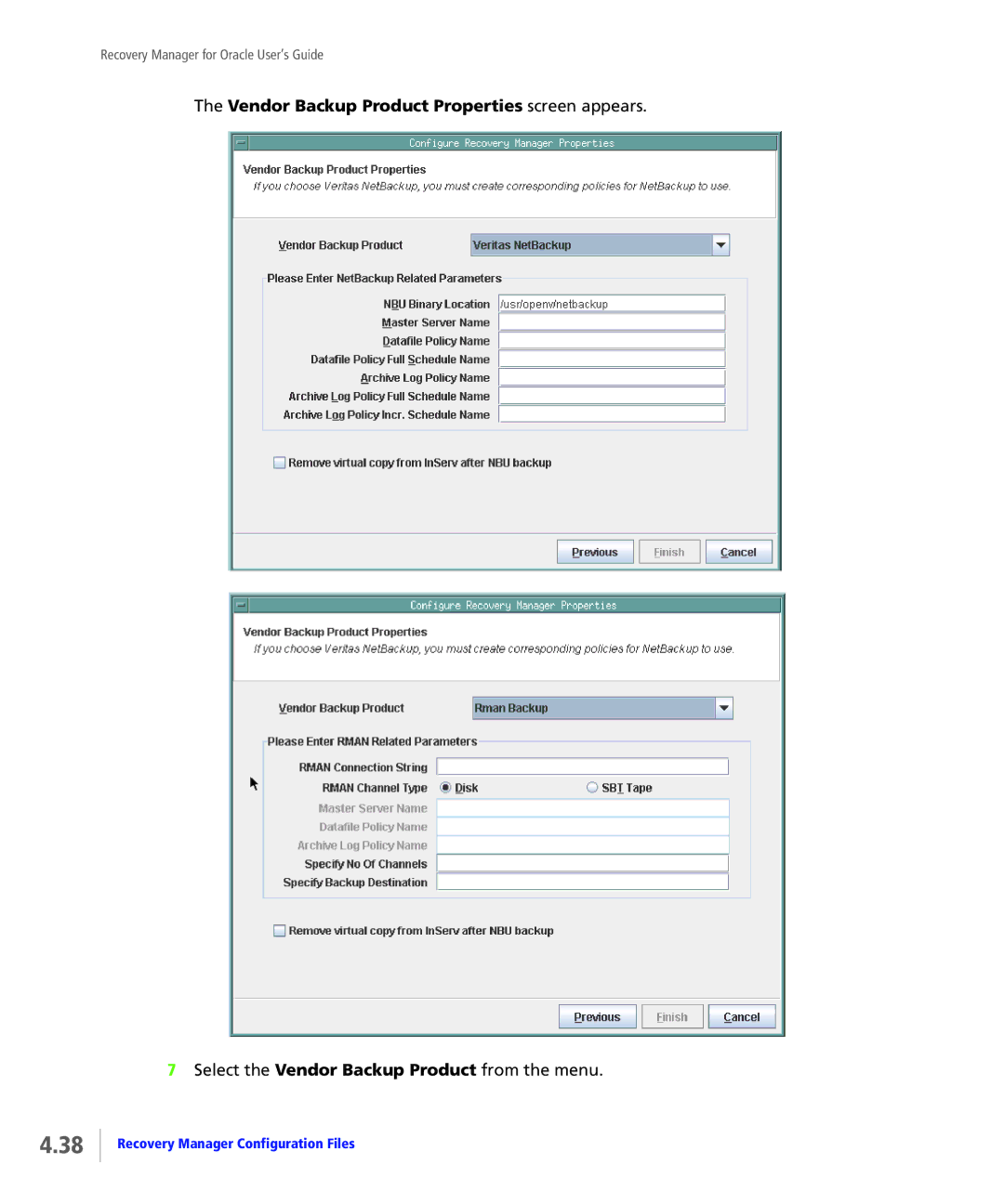 HP StoreServ Application Suite for Oracle Media manual Vendor Backup Product Properties screen appears 