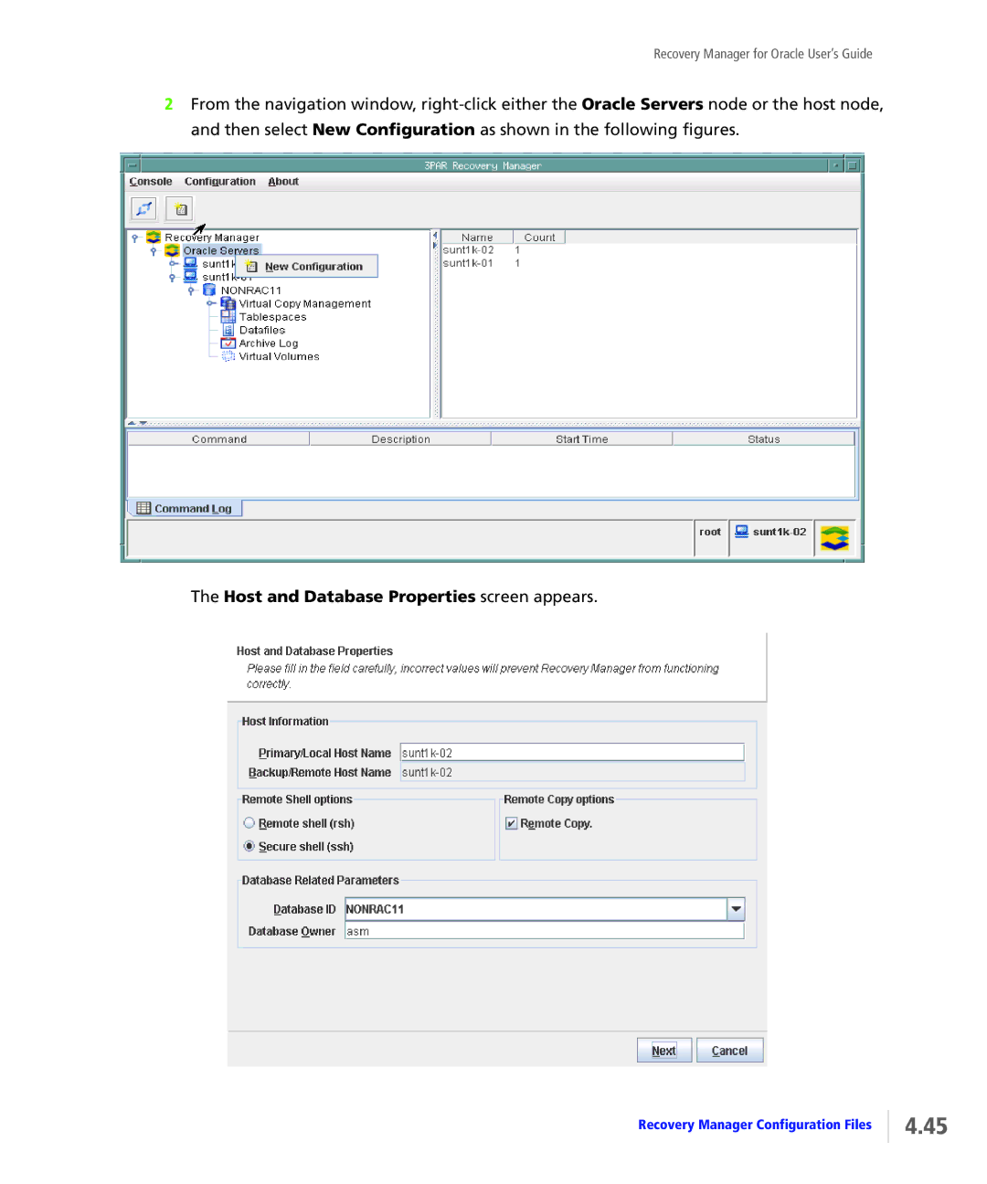 HP StoreServ Application Suite for Oracle Media manual Host and Database Properties screen appears 