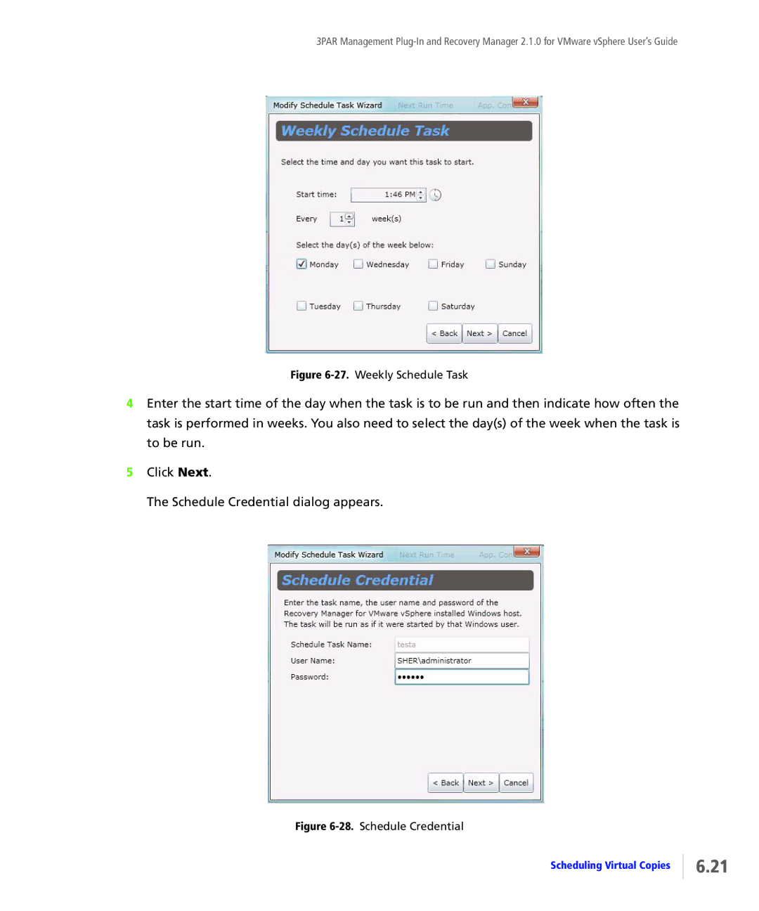 HP StoreServ Application Suite for VMware Media manual Weekly Schedule Task 