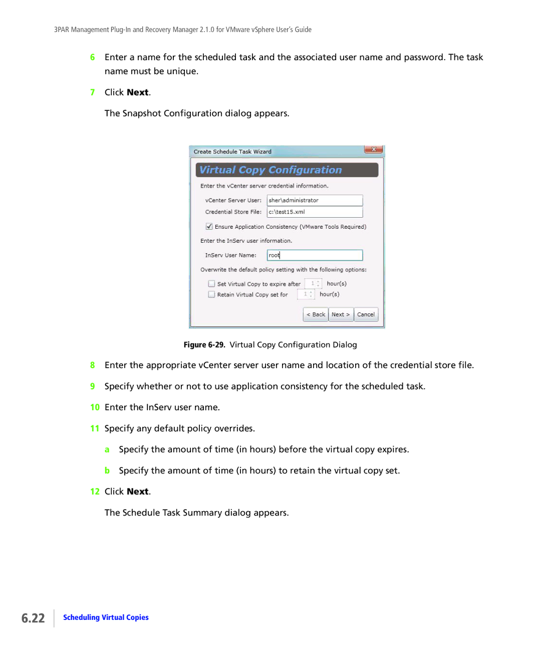 HP StoreServ Application Suite for VMware Media manual Virtual Copy Configuration Dialog 