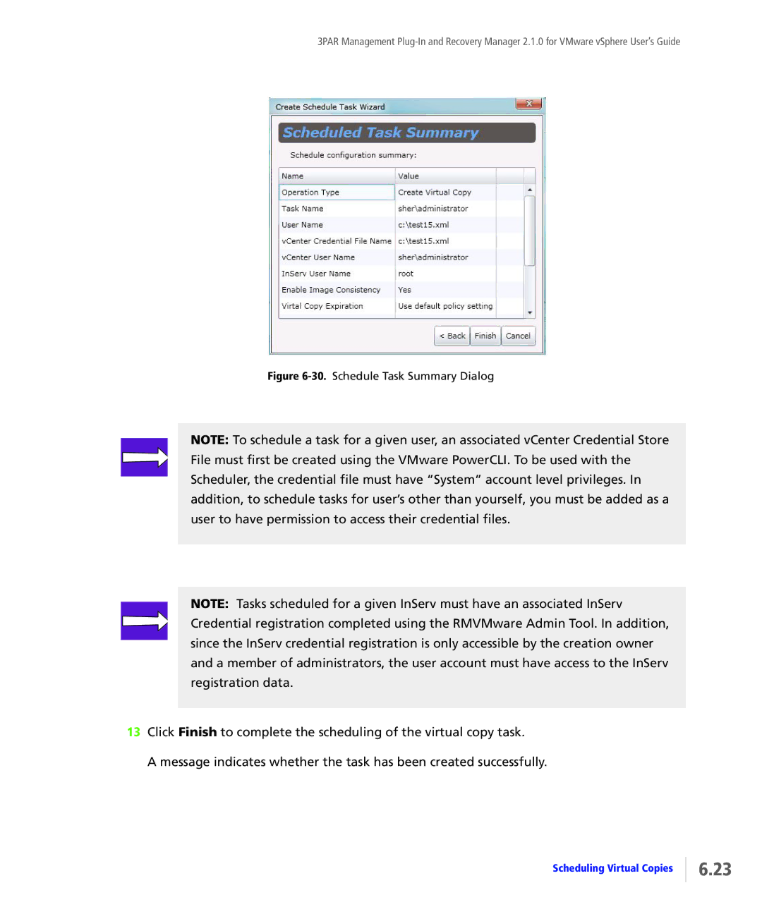 HP StoreServ Application Suite for VMware Media manual Schedule Task Summary Dialog 