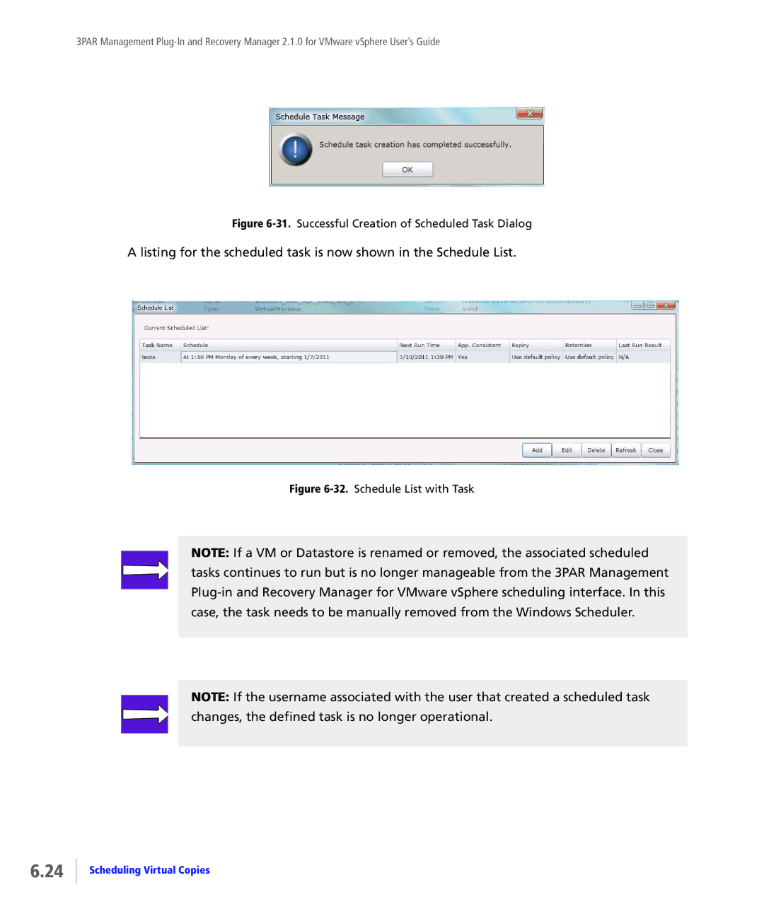 HP StoreServ Application Suite for VMware Media manual Successful Creation of Scheduled Task Dialog 