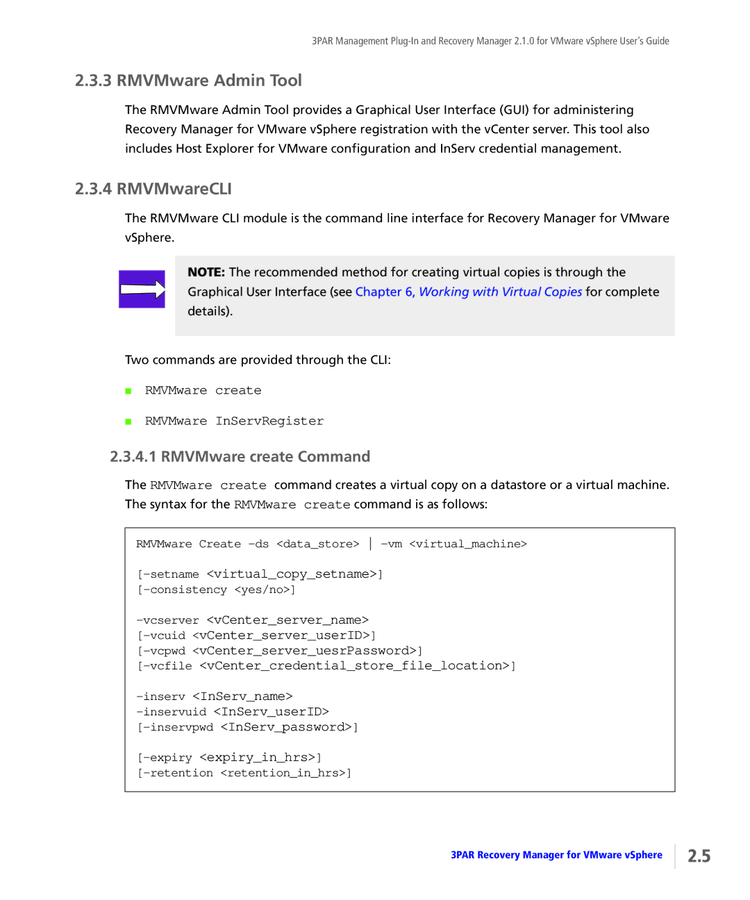 HP StoreServ Application Suite for VMware Media manual RMVMware Admin Tool, RMVMwareCLI 