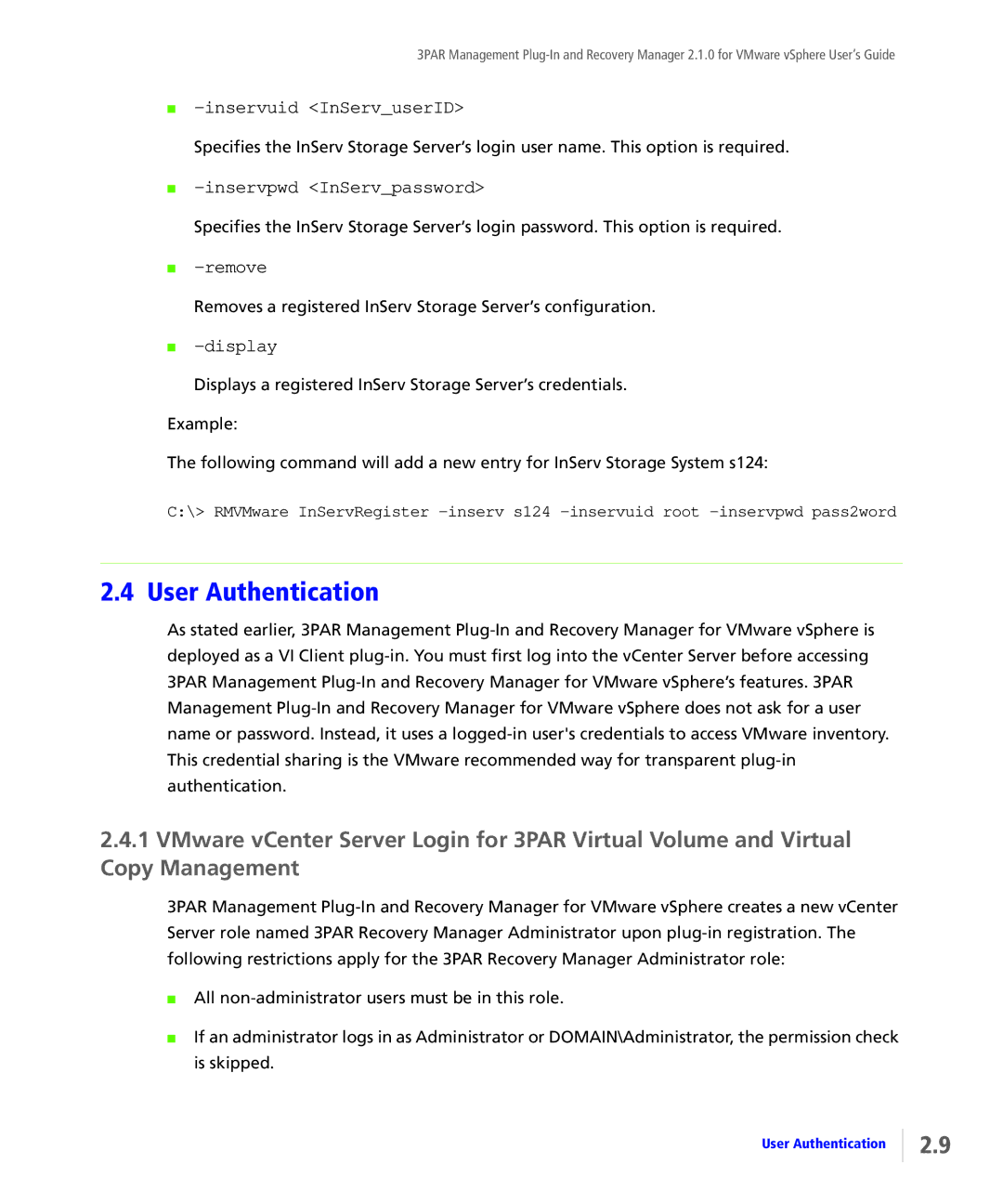 HP StoreServ Application Suite for VMware Media manual User Authentication 