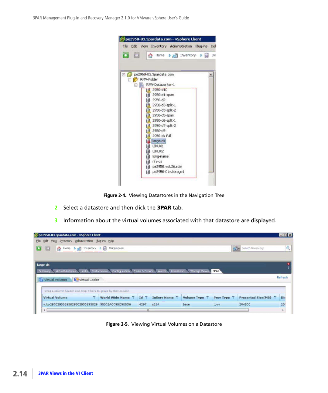 HP StoreServ Application Suite for VMware Media manual Viewing Datastores in the Navigation Tree 