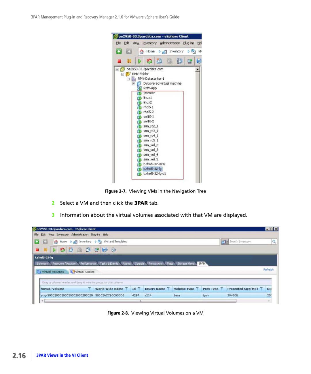 HP StoreServ Application Suite for VMware Media manual Viewing VMs in the Navigation Tree 