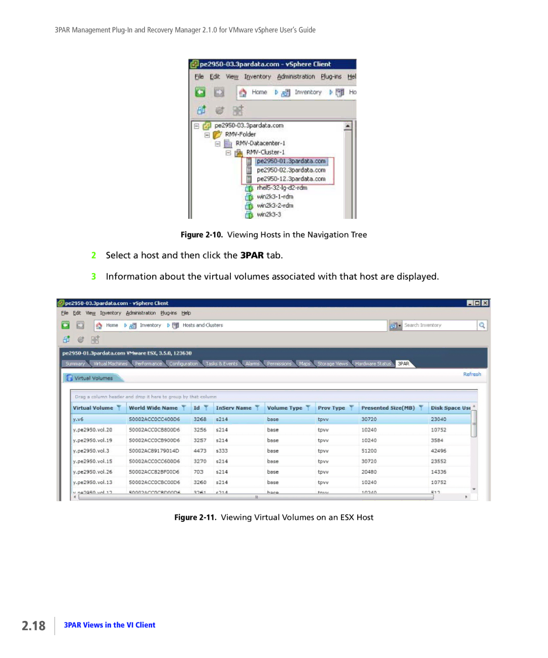 HP StoreServ Application Suite for VMware Media manual Viewing Hosts in the Navigation Tree 