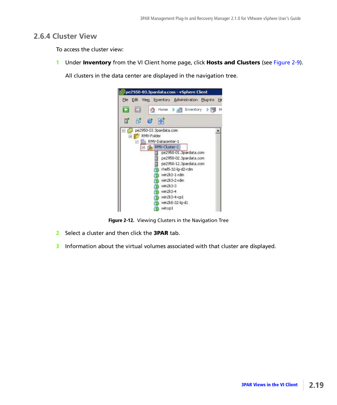 HP StoreServ Application Suite for VMware Media manual Cluster View, Viewing Clusters in the Navigation Tree 