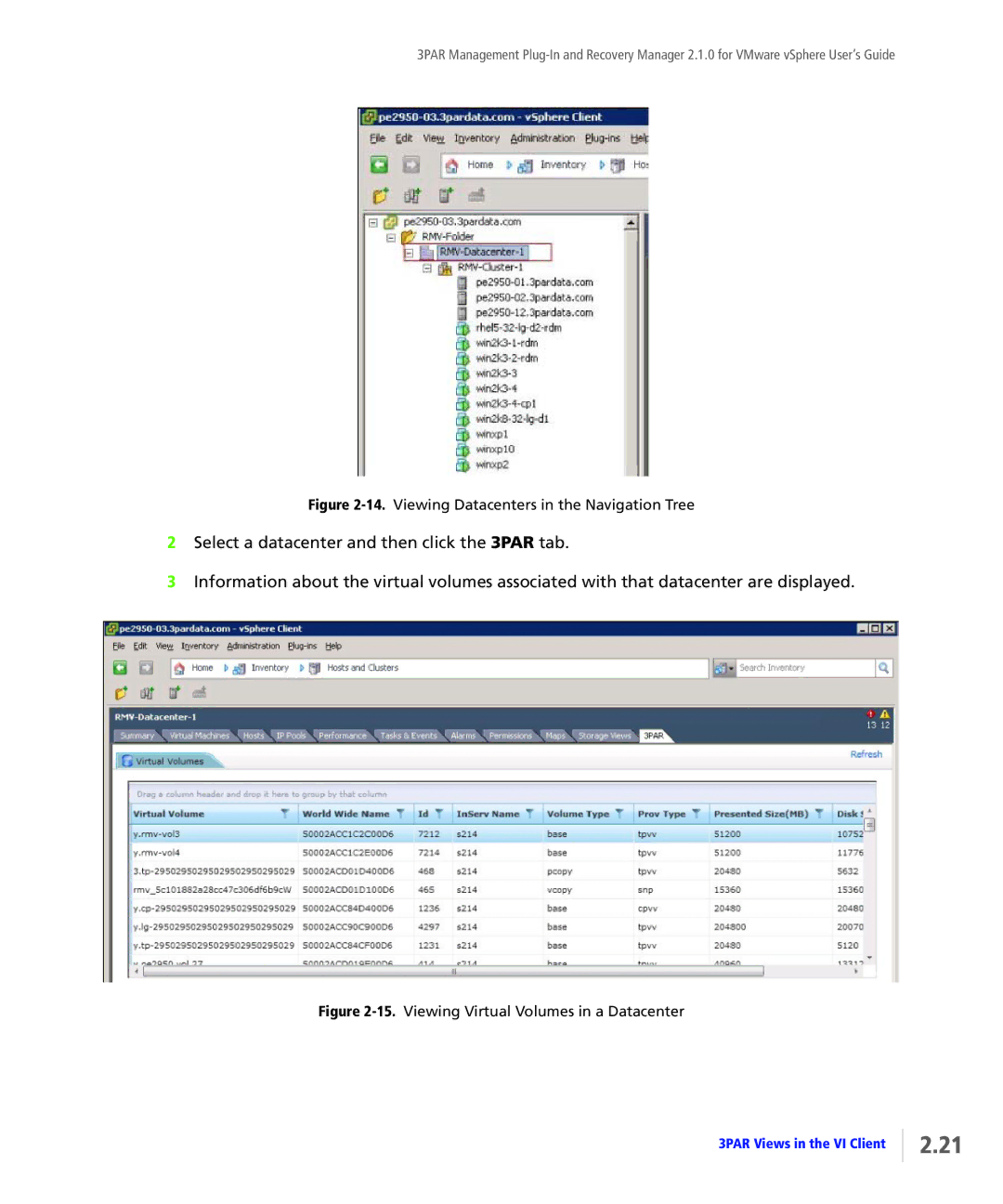 HP StoreServ Application Suite for VMware Media manual Viewing Datacenters in the Navigation Tree 