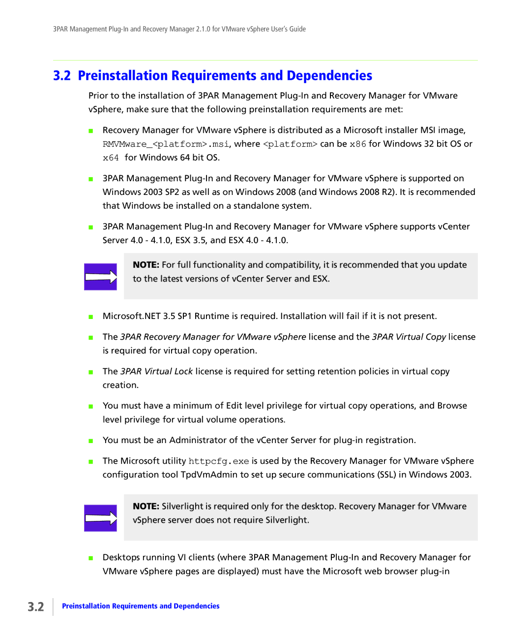 HP StoreServ Application Suite for VMware Media manual Preinstallation Requirements and Dependencies 