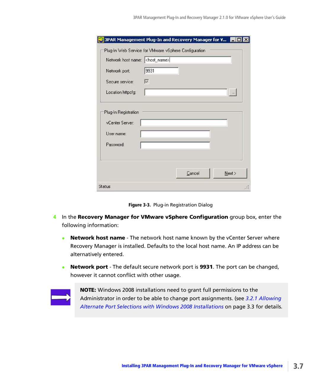 HP StoreServ Application Suite for VMware Media manual Plug-in Registration Dialog 