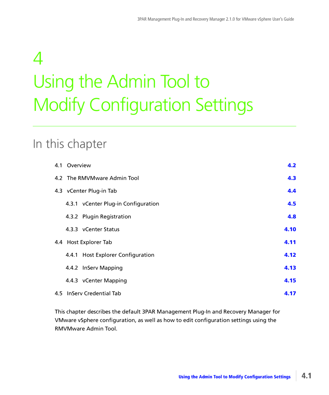 HP StoreServ Application Suite for VMware Media manual Using the Admin Tool to Modify Configuration Settings 