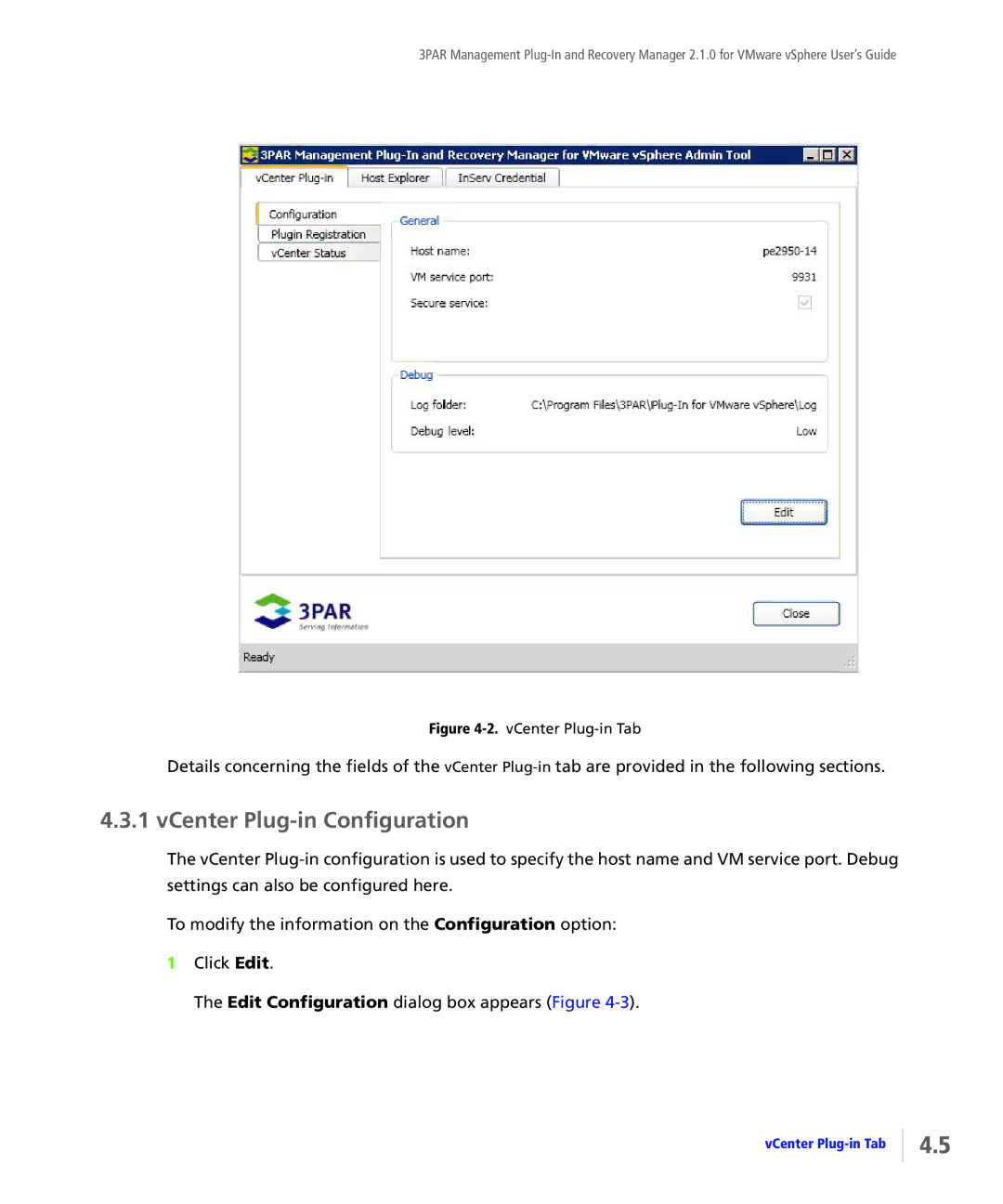 HP StoreServ Application Suite for VMware Media manual VCenter Plug-in Configuration, VCenter Plug-in Tab 