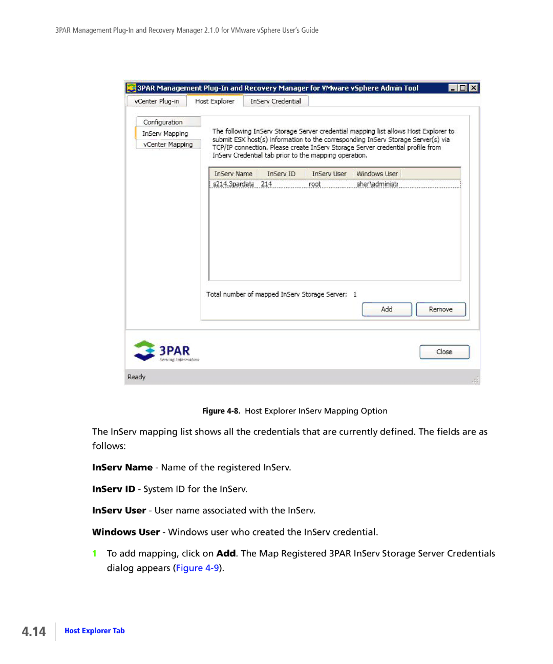 HP StoreServ Application Suite for VMware Media manual Host Explorer InServ Mapping Option 