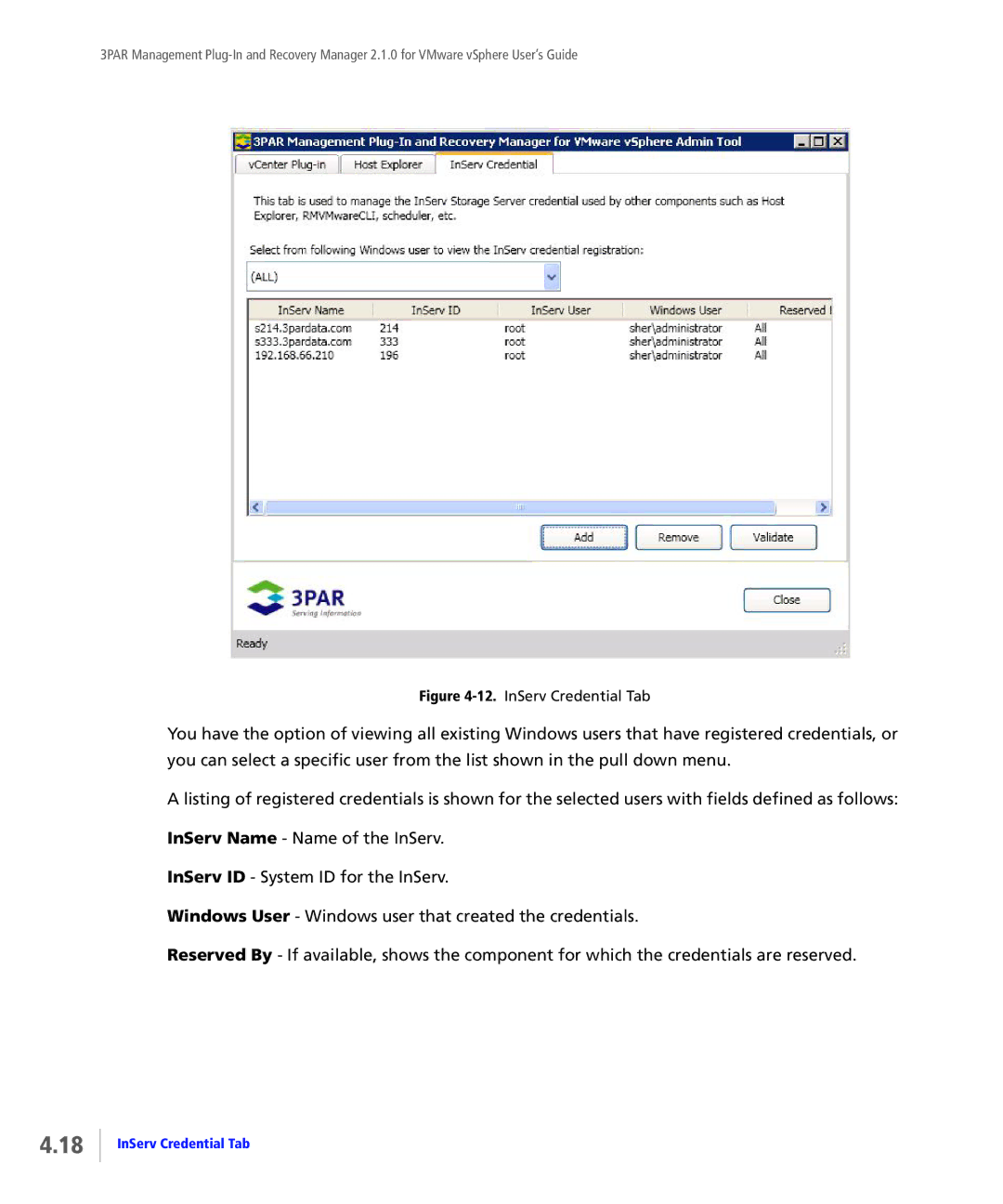 HP StoreServ Application Suite for VMware Media manual InServ Credential Tab 