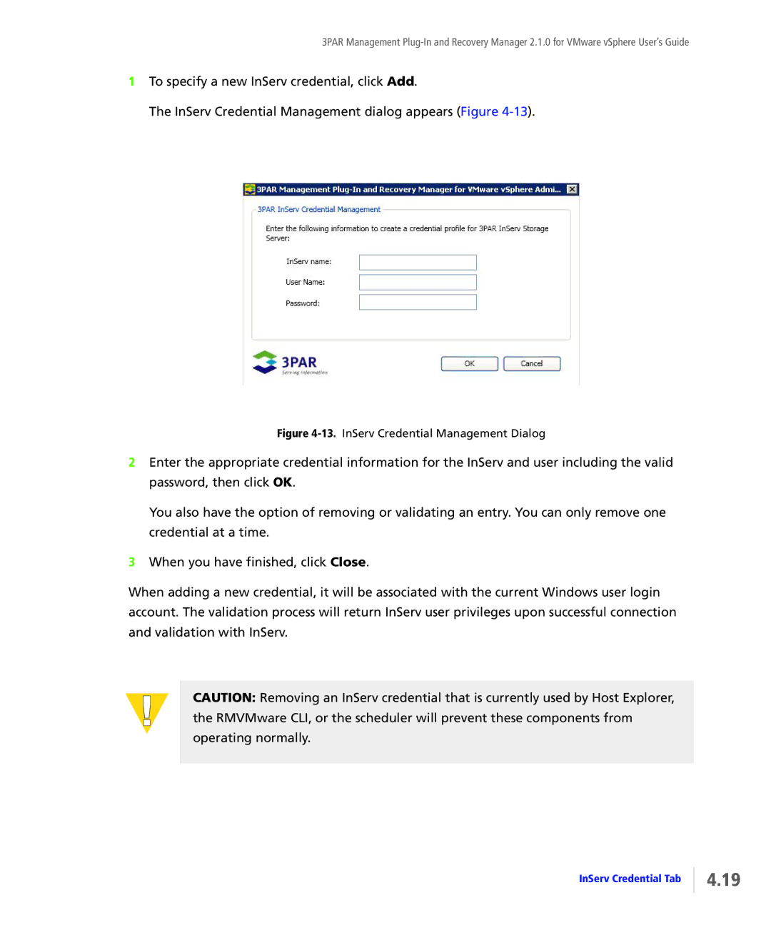 HP StoreServ Application Suite for VMware Media manual InServ Credential Management Dialog 