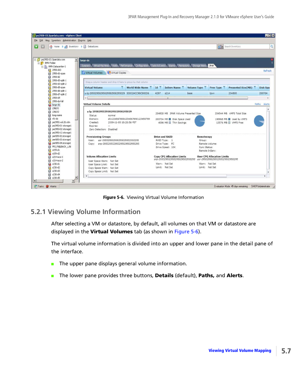 HP StoreServ Application Suite for VMware Media manual Viewing Volume Information, Viewing Virtual Volume Information 