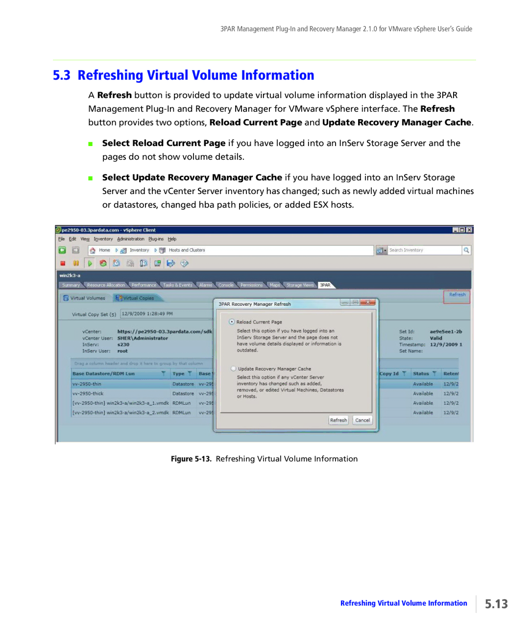 HP StoreServ Application Suite for VMware Media manual Refreshing Virtual Volume Information 