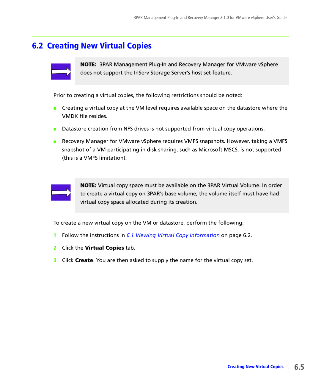 HP StoreServ Application Suite for VMware Media manual Creating New Virtual Copies 