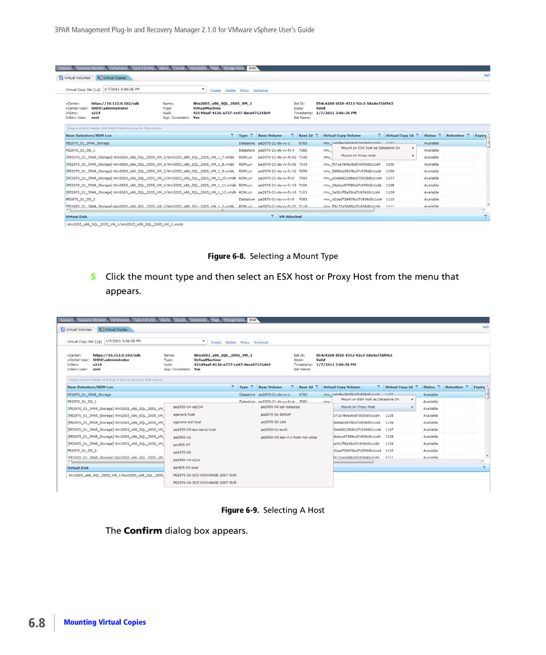 HP StoreServ Application Suite for VMware Media manual Confirm dialog box appears, Selecting a Mount Type 