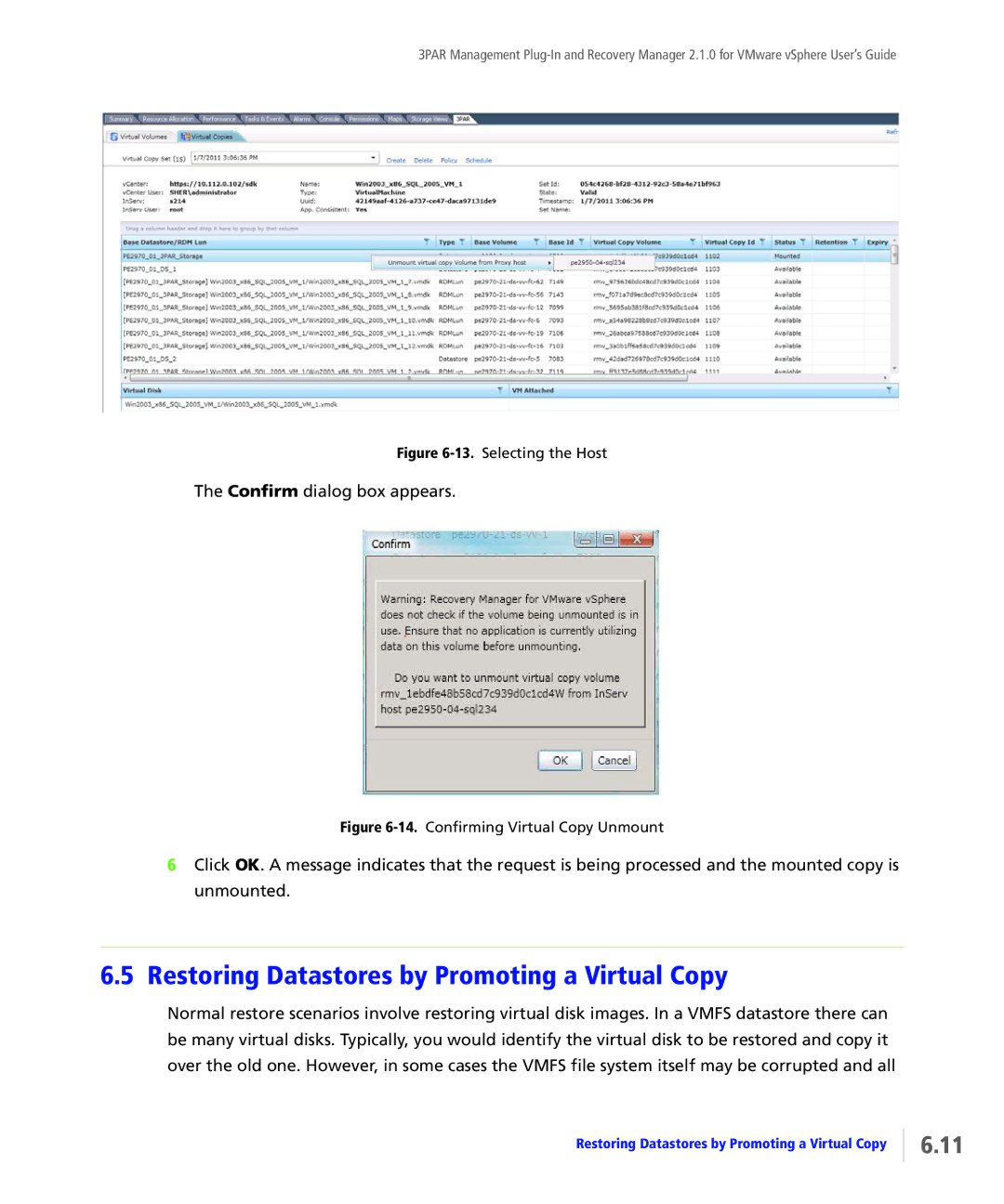 HP StoreServ Application Suite for VMware Media manual Restoring Datastores by Promoting a Virtual Copy, Selecting the Host 