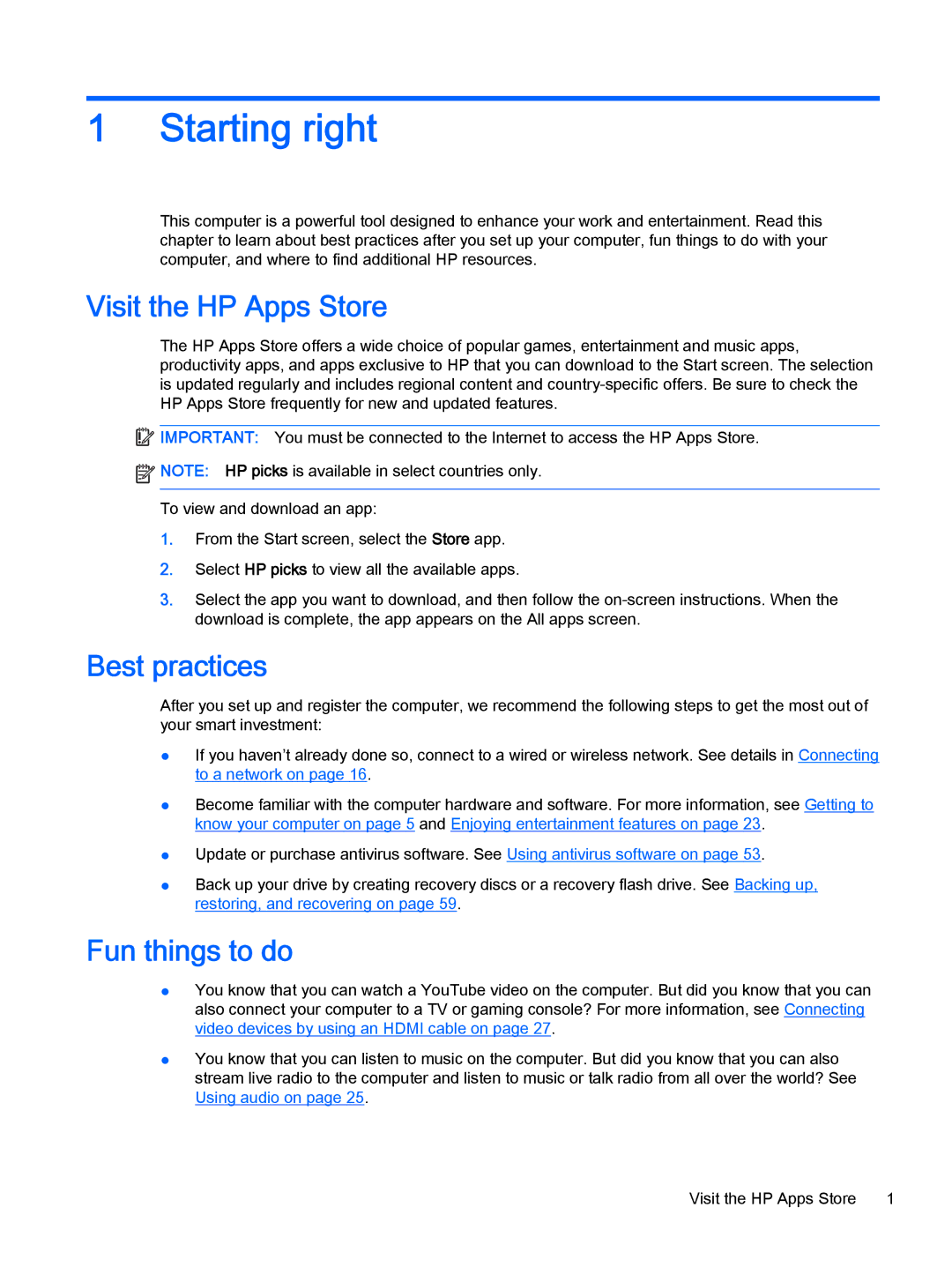 HP Stream - 11-d011wm, Stream - 11-d010nr manual Starting right, Visit the HP Apps Store, Best practices, Fun things to do 