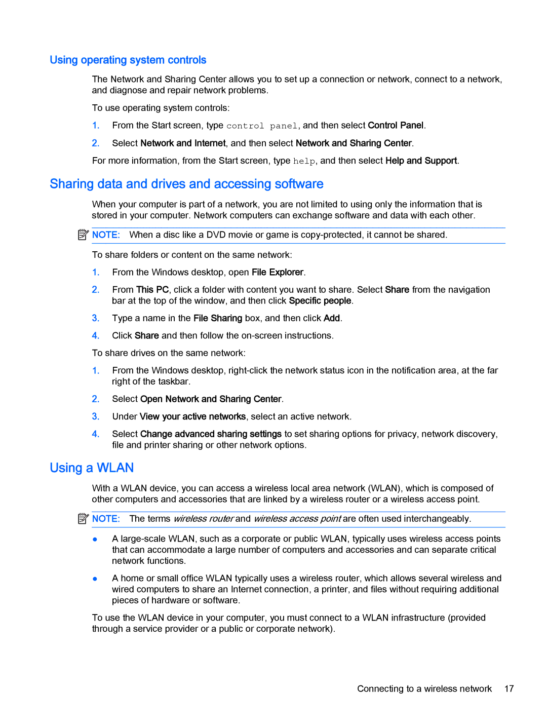 HP Stream - 11-d011wm manual Sharing data and drives and accessing software, Using a Wlan, Using operating system controls 